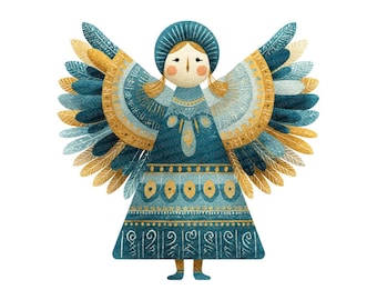 Engel-Cliparts im Stil der Volkskunst (PNG), 12 Weihnachtsengel-Cliparts im Set, druckbare Aquarell-Cliparts, digitaler Download für die Feiertage, transparentes PNG
