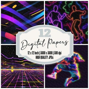 12x 90s Retro Neon Junk Journal Paper Digital Paper Pack Vivid Patterns Bright Colors Abstract Backgrounds Digital Download