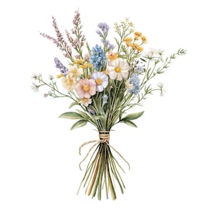 May include: A watercolour painting of a bouquet of wildflowers tied together with twine. The bouquet includes pink, blue, and yellow flowers with green leaves.