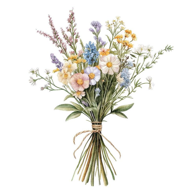 May include: A watercolour painting of a bouquet of wildflowers tied together with twine. The bouquet includes pink, blue, and yellow flowers with green leaves.