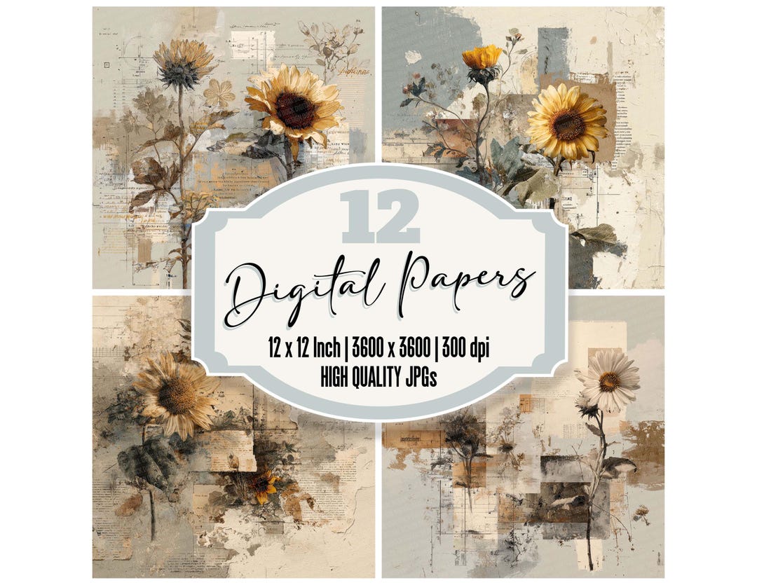 12x Engineered Sunflower Junk Journal Paper Digital Paper Pack ...