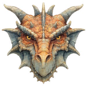 Imágenes prediseñadas de dragón medieval de vista frontal, conjunto de 12 imágenes prediseñadas de cabeza de dragón de fantasía, imágenes prediseñadas imprimibles, manualidades de papel, descarga digital PNG