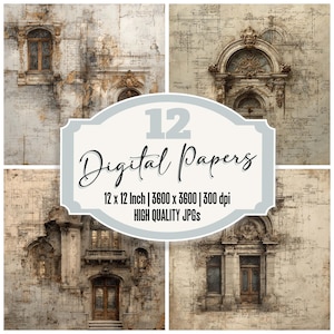 Pode incluir: Uma colagem de quatro papéis digitais com elementos arquitetônicos. Os papéis mostram paredes envelhecidas e texturizadas com janelas e portas. A imagem inclui o texto "12 Digital Papers" e detalhes sobre o tamanho e a resolução.
