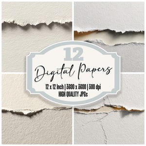 Op de afbeelding: Een collage van vier getextureerde papierstalen met gescheurde randen. De papieren zijn gebroken wit en in een vierkant gerangschikt. Een centraal label toont "12 Digital Papers" met afmetingen en resolutie.