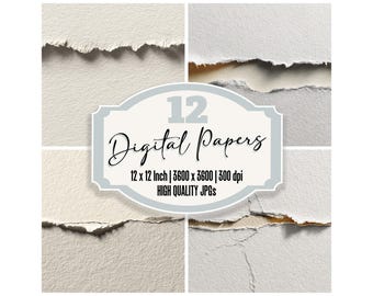 May include: A collage of four textured paper samples with torn edges. The papers are off-white and arranged in a square. A central label reads "12 Digital Papers" with dimensions and resolution details.