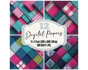 12x Neon Patchwork Junk Journal Paper Digital Paper Pack Gingham Denim Fabric Scrapbook Paper Printable Stitch Texture High Quality JPGs