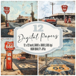 12 x Route 66 Diner Junk Journal Paper Vintage Highway Signs Digitaal papier Hoge kwaliteit JPG's Route 66 Achtergronden Digitale Download