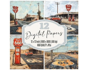 12x Route 66 Diner Junk Journal Paper Vintage Highway Signs Digital Paper High Quality JPGs Route 66 Backgrounds Digital Download