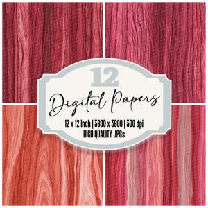Paquete de 12 papeles digitales Redheart Junk Journal en tonos rosa cálidos, archivos JPG de alta calidad con textura de veta de madera, fondos imprimibles para álbumes de recortes.
