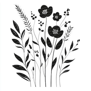 Imágenes prediseñadas de flores en blanco y negro PNG, conjunto de 12 imágenes prediseñadas de flores PNG monocromáticas, flores de arte lineal para manualidades, descarga digital, diseño minimalista