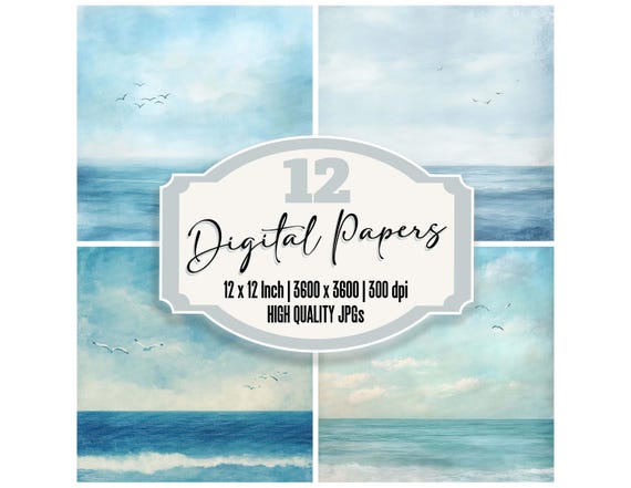 12x Ocean Horizon Junk Journal Paper Cloudy Sky Digital Paper Pack Water Backgrounds High Quality JPGs Scrapbook Download