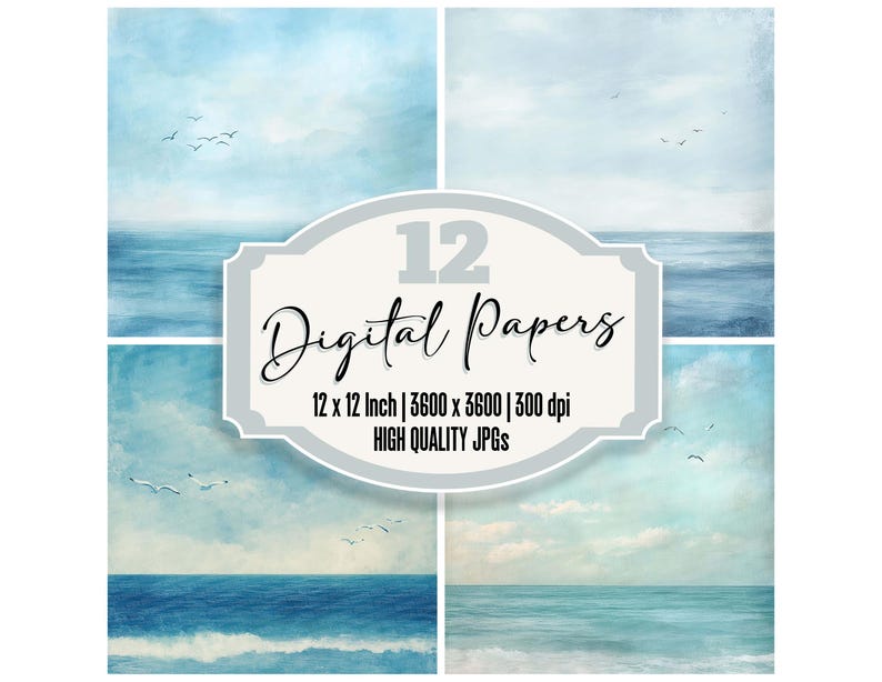 K&ouml;nnte beinhalten: Ein Set mit 12 digitalen Papieren, die eine Aquarell-artige Ozeanszene mit hellblauem Himmel und blauem Wasser zeigen. Die Papiere sind 30,48 cm x 30,48 cm gro&szlig; und haben eine Aufl&ouml;sung von 3600 x 3600 Pixel bei 300 dpi.