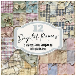 12x Pastel Patchwork Junk Journal Paper, Vintage Gingham Fabric Digital Paper Pack, Fabric & Bows, Scrapbook Backgrounds, Digital Download
