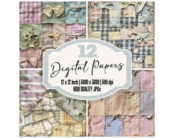 12x Pastel Patchwork Junk Journal Paper, Vintage Gingham Fabric Digital Paper Pack, Fabric & Bows, Scrapbook Backgrounds, Digital Download