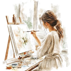 May include: A watercolour illustration depicts a person painting at an easel. The artist, with brown hair tied back, is focused on the canvas. Paint pots and brushes are on the table. The scene is set near a window, with soft, natural light.