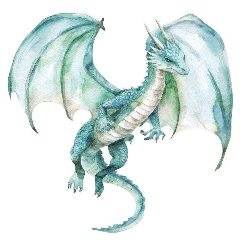 May include: A watercolor painting of a blue and green dragon with wings spread wide. The dragon has a long tail and a pointed snout.