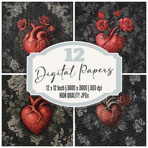 12x Gothic Rose Heart Junk Journal Paper Digital Paper Pack High Quality JPGs Vintage Romance Backgrounds Distressed Texture Printable