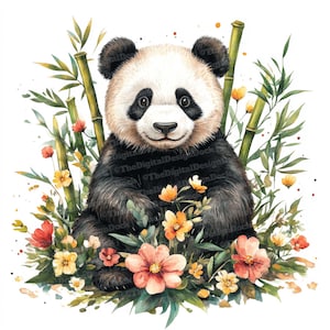 Panda Clipart, 12x Floral Panda Clipart, Clipart de aquarela para impressão, Artesanato em papel, Arte de parede, Download digital, Diários de lixo, Artesanato em papel