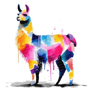 May include: A colorful watercolor painting of a llama. The llama is depicted in a patchwork style, with vibrant hues of yellow, orange, pink, blue, and purple. The artwork has a white background and a subtle shadow.