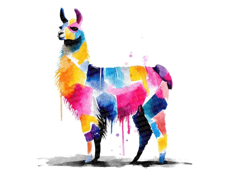 May include: A colorful watercolor painting of a llama. The llama is depicted in a patchwork style, with vibrant hues of yellow, orange, pink, blue, and purple. The artwork has a white background and a subtle shadow.