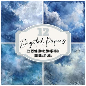Könnte beinhalten: Eine Sammlung digitaler Kunst mit 12 hochwertigen digitalen Papieren. Jedes Papier hat ein Wolkenhimmel-Design in Blau- und Weißtönen. Die Papiere sind 30.48 x 30.48 cm groß und haben eine Auflösung von 3600 x 3600 Pixeln bei 300 dpi. Der Text auf dem Bild lautet "12 Digital Papers".