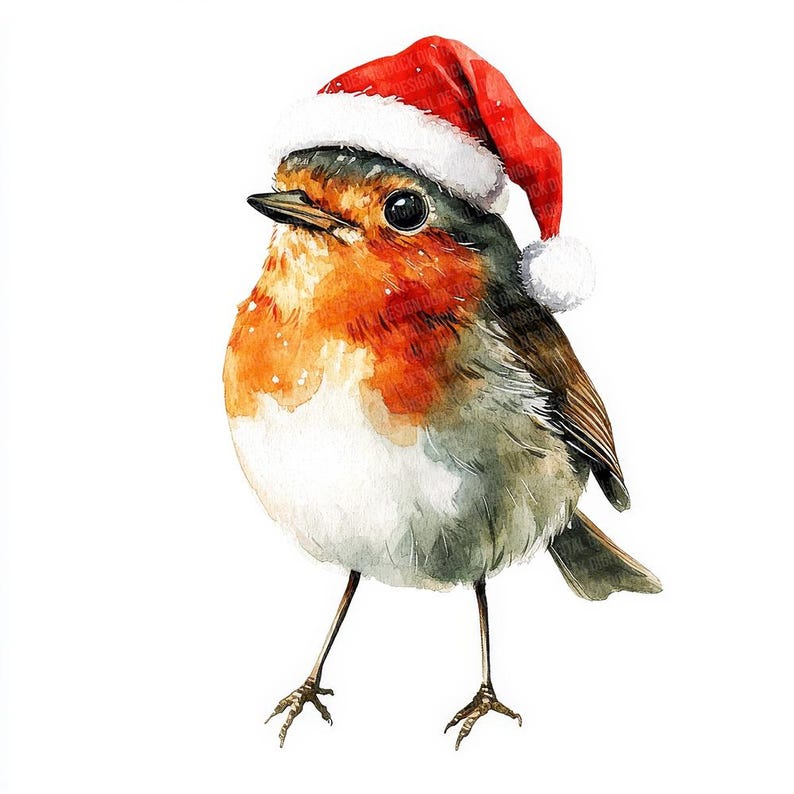 Robin Santa Hat PNG Clip Art, 12x Christmas Bird Watercolor Clipart Set ...
