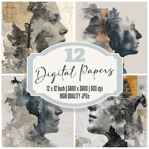 12x Western-Portrait Junk Journal Papier Pferd Silhouetten Digital Paper Pack Distressed Texture Scrapbook Papier High Quality JPGs