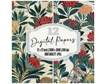 12x Banksia Junk Journal Paper Pack Marbled Paper Jade Garnet Floral Backgrounds Scrapbook Papier Decoupes Digital Download