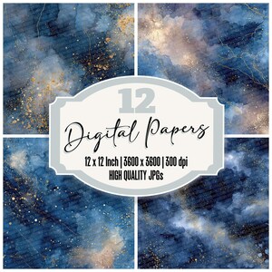 12 x Celestial Ink Junk Journal Paper Gouden Misttextuur Digitaal Papierpakket Hoge kwaliteit JPG's Sterrenhemel achtergrond downloaden