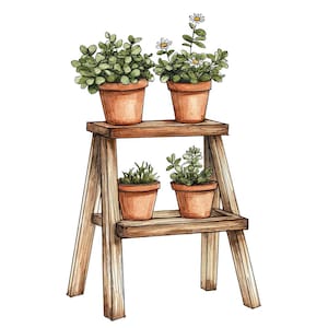 Imágenes prediseñadas de escalera para macetas, conjunto de 12 imágenes PNG de estanterías para plantas en acuarela, arte de jardinería imprimible, descarga digital, manualidades de papel, revistas