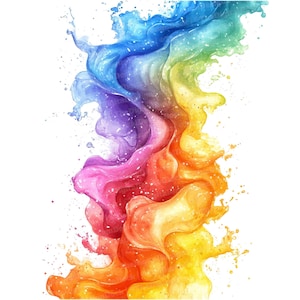 12 Clipart di schizzi di arcobaleno, flusso di colore astratto ad acquerello, arte stampabile, artigianato di carta, arte murale, download digitale, diari spazzatura, arte arcobaleno