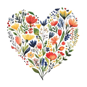 Puede incluir: Una pintura de acuarela de una forma de coraz&oacute;n hecha de flores coloridas. Las flores son en tonos de rojo, amarillo, azul y verde.