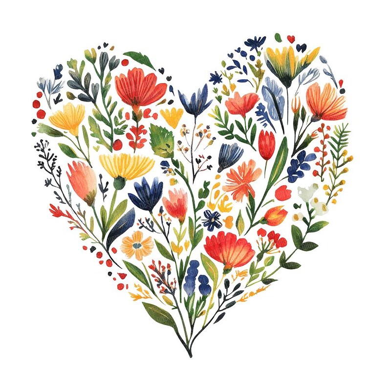 Puede incluir: Una pintura de acuarela de una forma de coraz&oacute;n hecha de flores coloridas. Las flores son en tonos de rojo, amarillo, azul y verde.