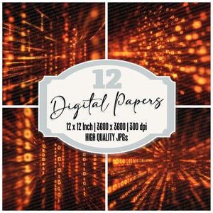 May include: A digital art collection featuring 12 digital papers. The image showcases a matrix-style background in shades of orange and black. The text on the image reads "12 Digital Papers" and includes size and resolution details: 12 x 12 inches, 3600 x 3600 pixels, and 300 dpi.