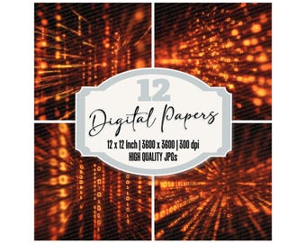 12x Binary Digital Background Papers Glowing Orange Sci-Fi Matrix Code Stream Texture for Futuristic Collage, Journal and Graphic Design