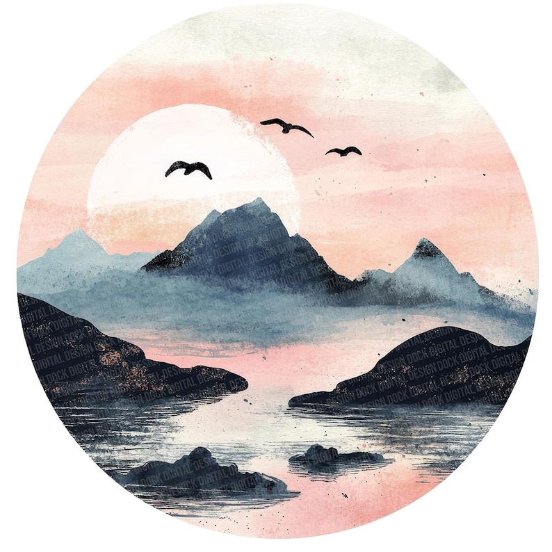 Pu&ograve; includere: Un dipinto ad acquerello di una catena montuosa con un cielo rosa e un grande sole bianco. Le montagne si riflettono nell'acqua sottostante, che &egrave; di colore blu scuro. Ci sono tre piccoli uccelli che volano nel cielo.