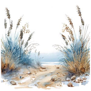 Conchiglie costiere PNG clipart, set di 12 clipart di dune di sabbia e spiaggia, clipart ad acquerello stampabili, download digitale, PNG trasparente, arte oceanica