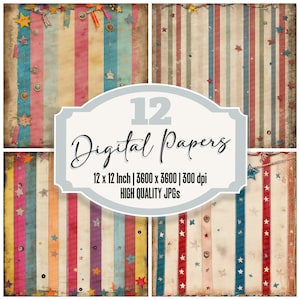12x Vintage Circus Junk Journal Paper, Carnival Digital Paper Pack, Striped Backgrounds & Stars, Scrapbook Paper, Digital Download