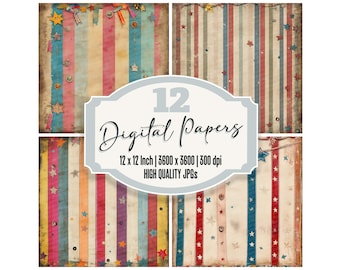 12x Vintage Circus Junk Journal Paper, Carnival Digital Paper Pack, Striped Backgrounds & Stars, Scrapbook Paper, Digital Download