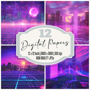 12x Retro Vaporwave Laser Junk Journal Paper, Neon Digital Paper Pack, Futuristic Synthwave Backgrounds, High Quality JPGs, Scrapbook Paper