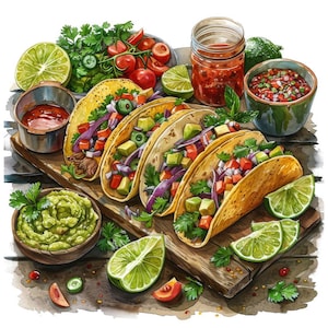 Taco PNG Clipart, 12x Mexican Food Clip Art Set, Printable Watercolor Taco Clipart, Transparent PNG, Digital Download, Fiesta Party Decor