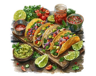 Taco PNG Clipart, 12x Mexican Food Clip Art Set, Printable Watercolor Taco Clipart, Transparent PNG, Digital Download, Fiesta Party Decor