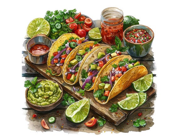 Taco PNG Clipart, 12x Mexican Food Clip Art Set, Printable Watercolor Taco Clipart, Transparent PNG, Digital Download, Fiesta Party Decor