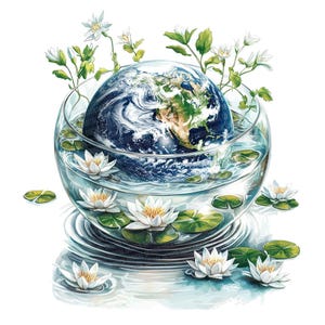 Planet in Bowl PNG Clipart, 12x Earth with Water Flowers Clip Art Set, Printable Watercolor Globe, Transparent PNG, Junk Journal, Eco Crafts
