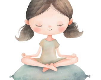 Imágenes prediseñadas de niña meditando, conjunto de 12 imágenes prediseñadas de yoga para niños, imágenes prediseñadas de acuarela imprimibles, calma y atención plena, descarga digital, decoración para guardería