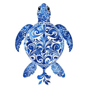 May include: Blue and white watercolour illustration of a stylised sea turtle with a floral pattern. The turtle is facing forward with its head raised.