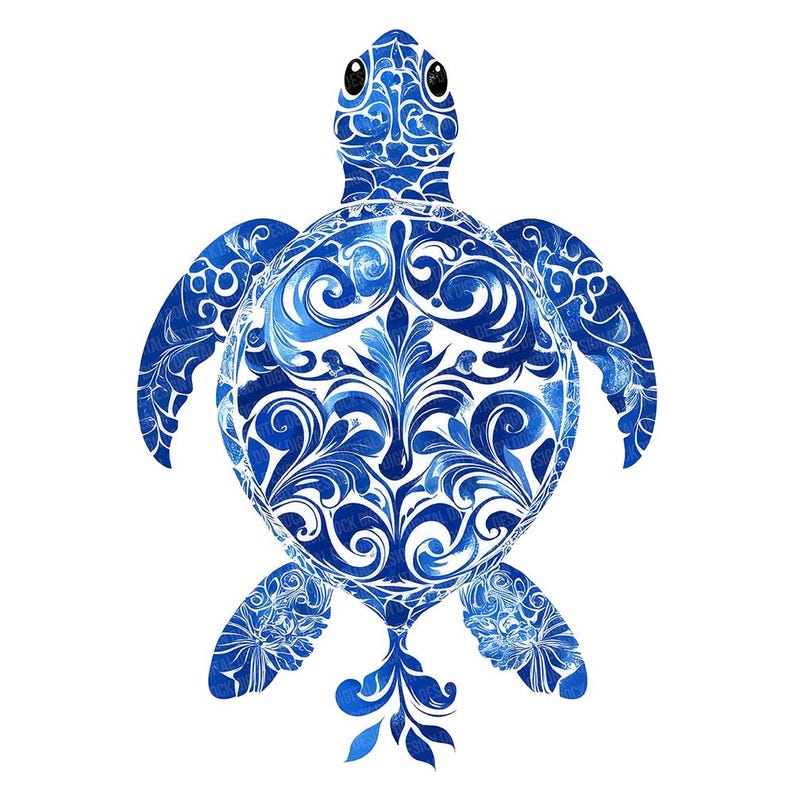 May include: Blue and white watercolour illustration of a stylised sea turtle with a floral pattern. The turtle is facing forward with its head raised.