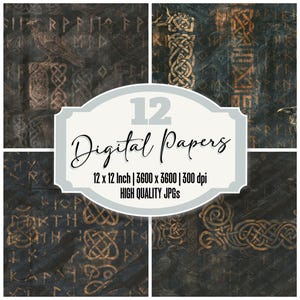 May include: A set of 12 digital papers featuring dark, textured backgrounds with copper-coloured Norse-inspired knotwork, raven illustrations, and runic inscriptions. The central label displays the text 12 Digital Papers, 12 x 12 Inch, 3600 x 3600, 300 dpi, HIGH QUALITY JPGs.