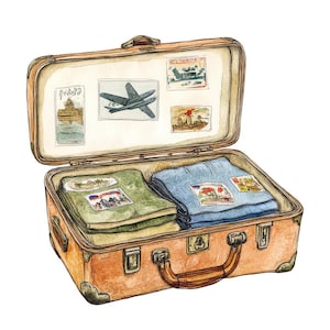 Clipart de PNG de mala vintage, conjunto de 12x clip art de bagagem de viagem, clip art de aquarela para impressão, artesanato em papel, pacote de diário de lixo