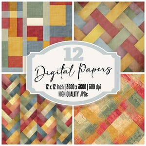 May include: A collection of 12 digital papers with various geometric patterns in shades of red, yellow, green, and blue. The papers are 12 x 12 inches and have a resolution of 3600 x 3600 pixels at 300 dpi. The text on the image says "Digital Papers".
